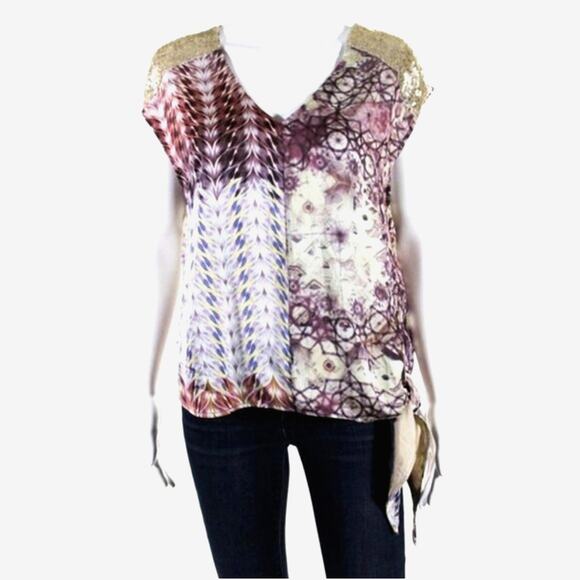 Tiny by Anthropologie Women’s Asymmetric Boho Blouse Sequin Shoulder Patchwork M - Picture 1 of 9